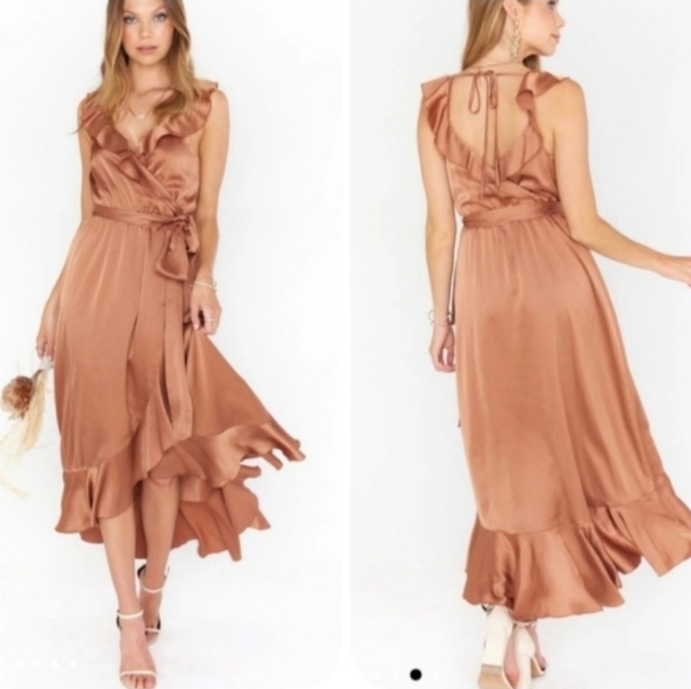 Show Me Your MuMu Rust Satin Ruffle Midi Dress